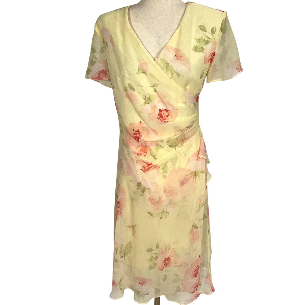 JBS LTD Dress Women 8 Yellow Pink Rose‎ Chiffon Wrap Garden Whimsy Fairy Spring